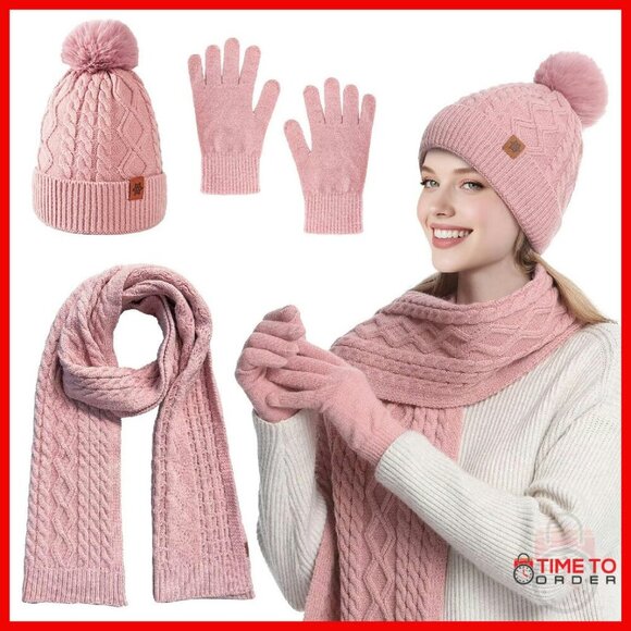 Fleece Lined Pom Pom Beanie Scarf Touchscreen Gloves Winter Set